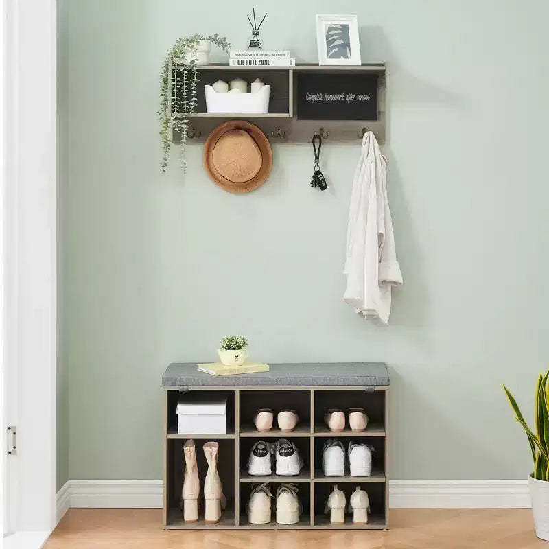 Industrial Wall Mounted Hall Tree Coat Rack and Shoe Bench Set  5 Hooks, 10 Storage Cubbies, Blackboard  Entryway Organizer and Bench