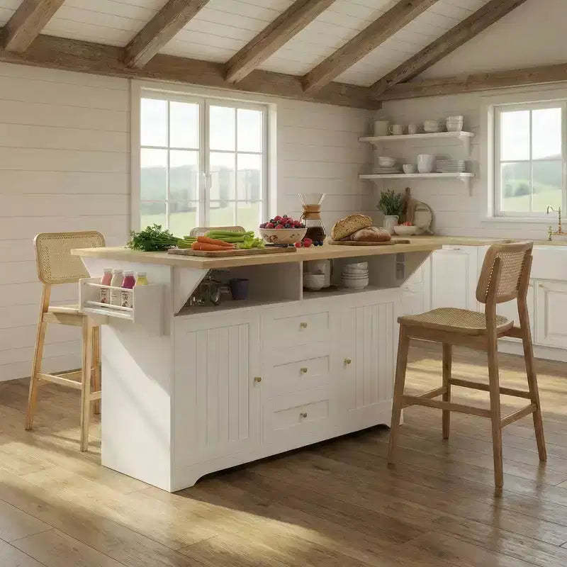 Rolling Kitchen Island with Power Outlet, Spice Rack & 2 Drop Leaf