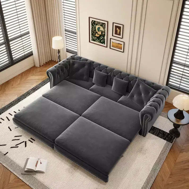 Chesterfield 3-in-1 Pull-Out Sofa Bed, King Size Convertible Sleeper Sofa with Chaise & Movable Ottoman, Velvet Tufted 3-Seater Couch, Charcoal Gray
