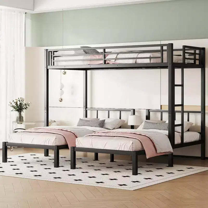 Bellemave Twin over Twin & Twin Metal Triple Bunk Bed, Detachable L-Shape, Convertible to 3 Beds, Guardrails & Shelf, Black