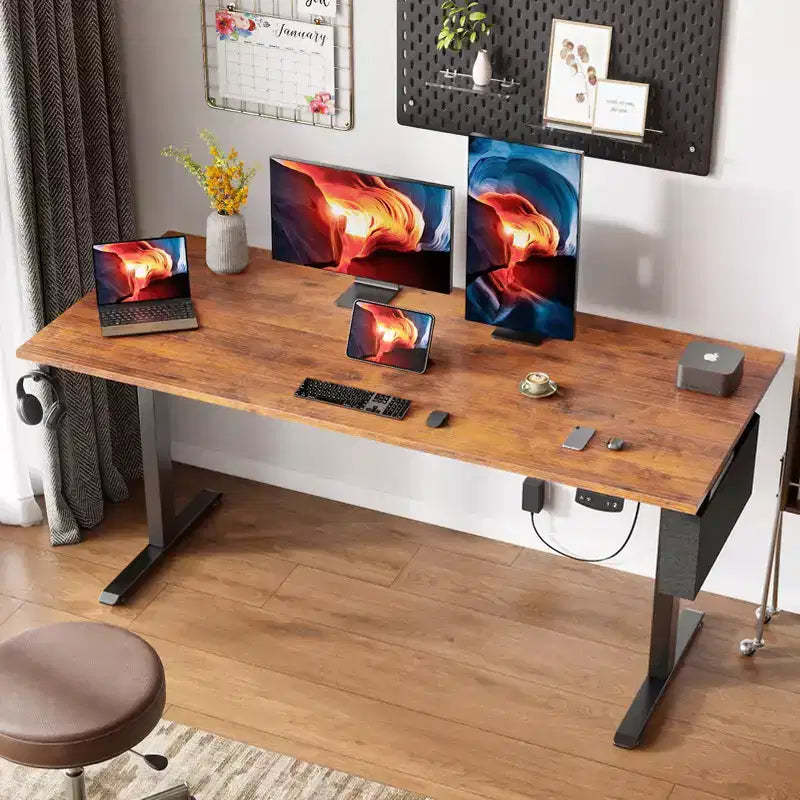 Brown 63 Inch Electric Standing Desk Height Adjustable Computer Table Sit Stand Gaming Desk Home Office Workstation with Memory Presets Storage Bag