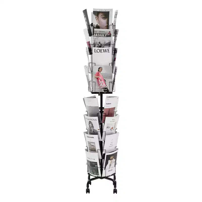 32-Pocket Rotating Card Display Stand with Wheels and Sign Holder - 360 Degree Spinning Rack