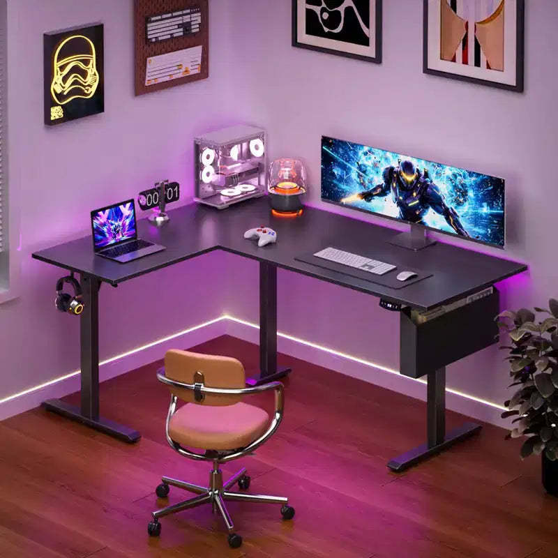 63 Inch L Shaped Electric Standing Desk Sit to Stand Reversible Corner Desk Adjustable Height Computer Table Memory Presets Home Office Gaming Black