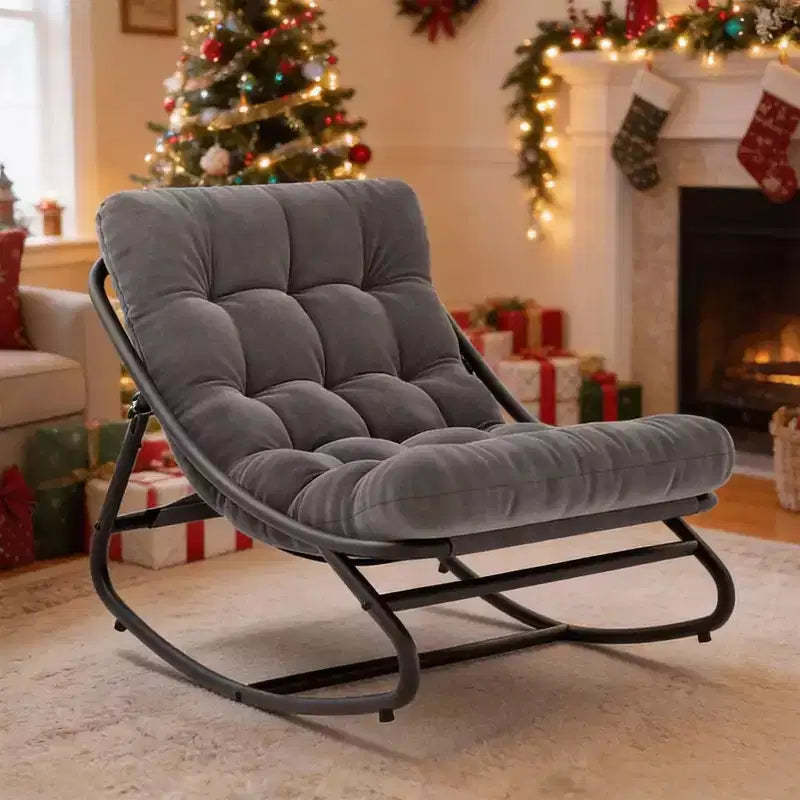 Papasan Rocking Chair, Oversized Rocking Papasan Chair with Thick Cushion, Sturdy Metal Frame, Suitable for Bedroom, Living Room, Garden, Gray