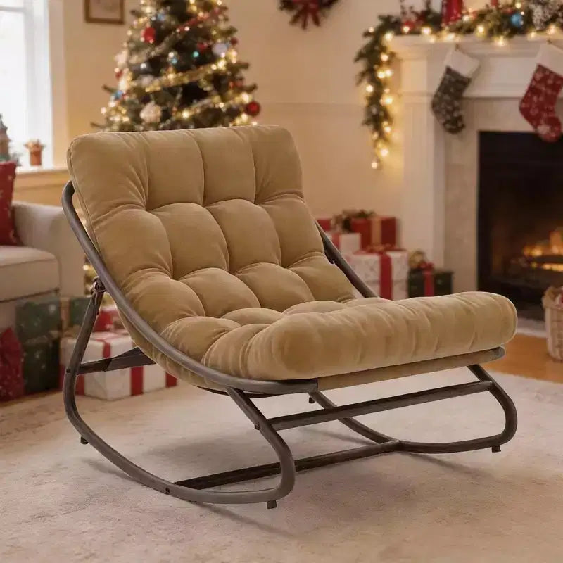 Papasan Rocking Chair, Oversized Rocking Papasan Chair with Thick Cushion, Sturdy Metal Frame, Suitable for Bedroom, Living Room, Garden, Brown