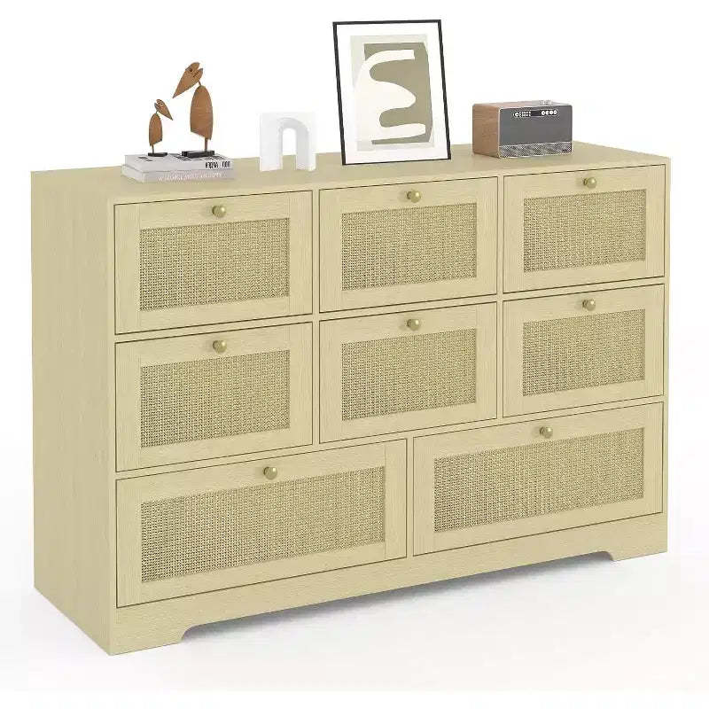 Rattan Dresser with 6 Drawers, Modern Boho Wooden Dresser for Bedroom Storage, Wicker Chest of Drawers with Metal Handles & Wood Legs