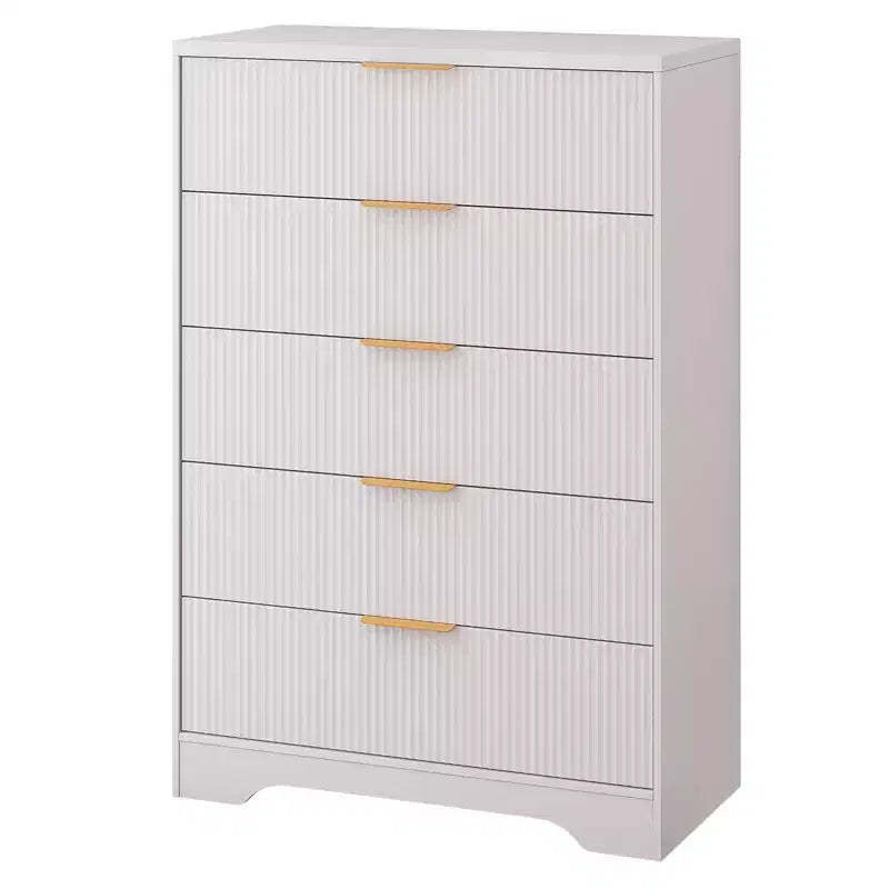 Fluted 5 Drawer Dresser for Bedroom, 47 Tall Modern Chest of Drawers with Gold Metal Handles, Wood Bedroom Dresser
