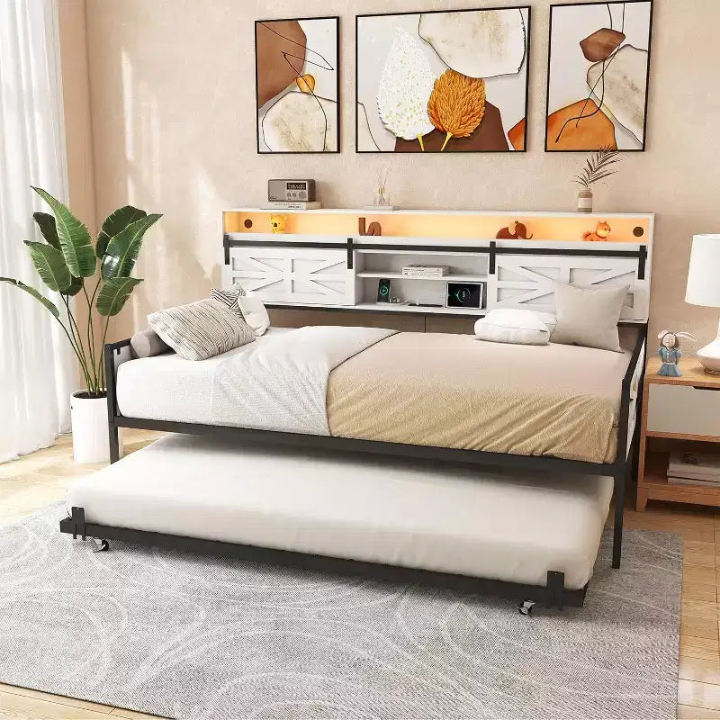 Zevemomo Farmhouse Twin Daybed Frame with Trundle, Sliding Barn Door Headboard, Charging Station & LED Light For Bedroom, White