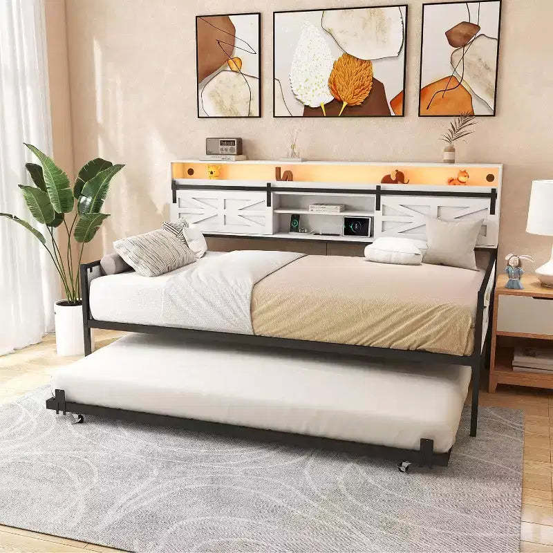 Zevemomo Farmhouse Twin Daybed Frame with Trundle, Sliding Barn Door Headboard, Charging Station & LED Light For Bedroom, White