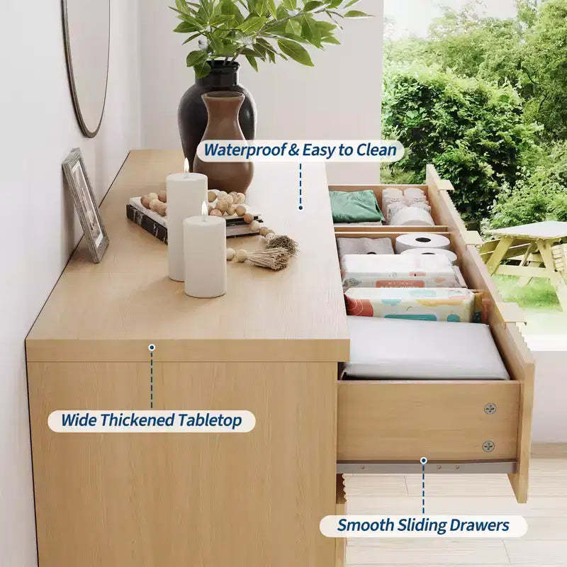 Mid Century Modern 7 Drawer Dresser for Bedroom - 47 Inch Wide Oak Chest with Gold Handles - Fluted Wood Storage Cabinet - Multipurpose for Closet