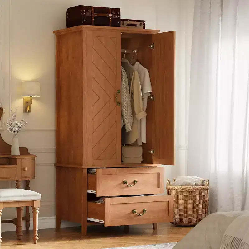 Spacious 71 V Shape Tall Wooden Armoire Wardrobe Closet  2 Doors & Drawers, Hanging Rod  Large Freestanding Storage Cabinetbrown