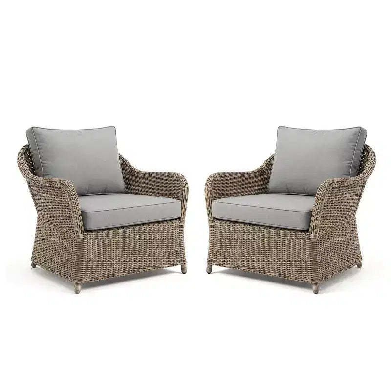 Martha Stewart Lily Pond Set of 2 Indoor-Outdoor Patio Club Chairs in Weathered Gray Rattan Wicker with Gray All-Weather Cushions