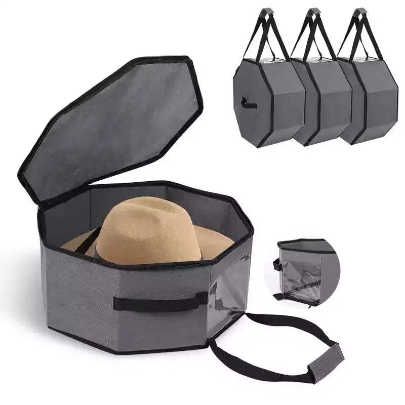 3-Pack Grey Collapsible Hat Storage Boxes with Handles and Shoulder Strap C Large Dustproof Organizer for Cowboy, Fedora & Sun Hats