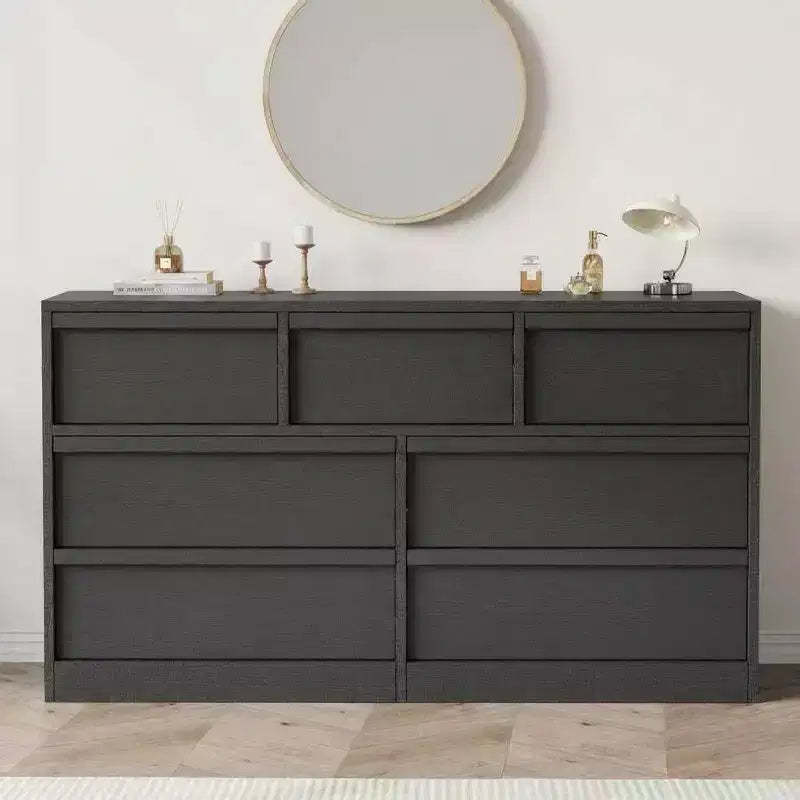 Acekool 7 Drawer Dresser for Bedroom, Wooden Storage Cabinet with Concave Handles, Modern Chest of Drawers Organizer, Black
