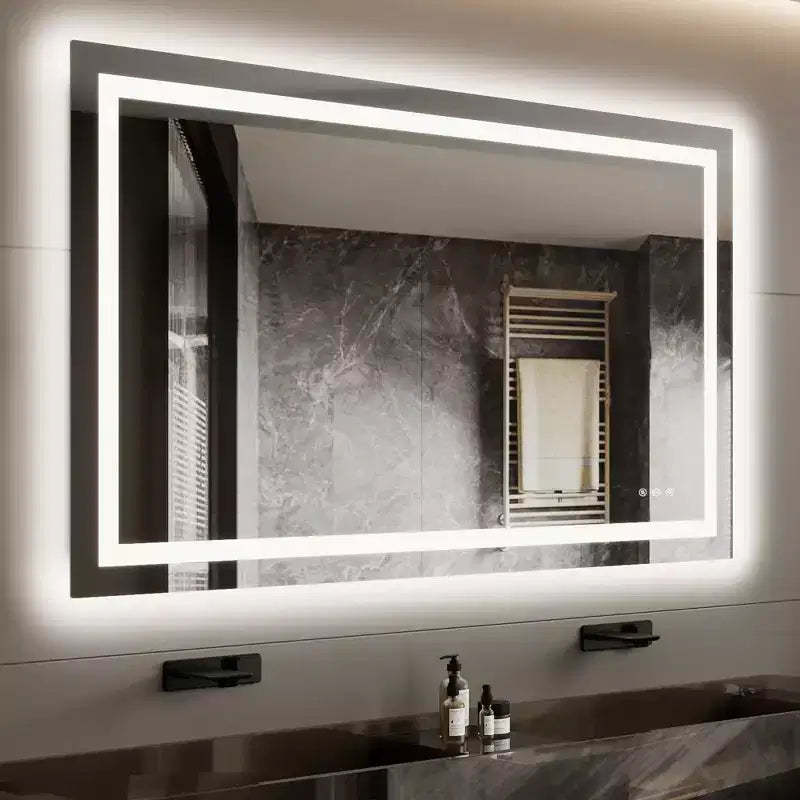 Bathroom mirror, vanity mirror, adjustable backlight, anti-fog technology, memory function, shatterproof glass, horizontal or vertical installation.