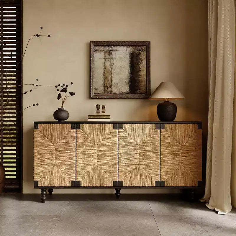 JVNOXK TV console with storage, featuring wire-brushed and seagrass-patterned doors, ideal for dining rooms. Natural