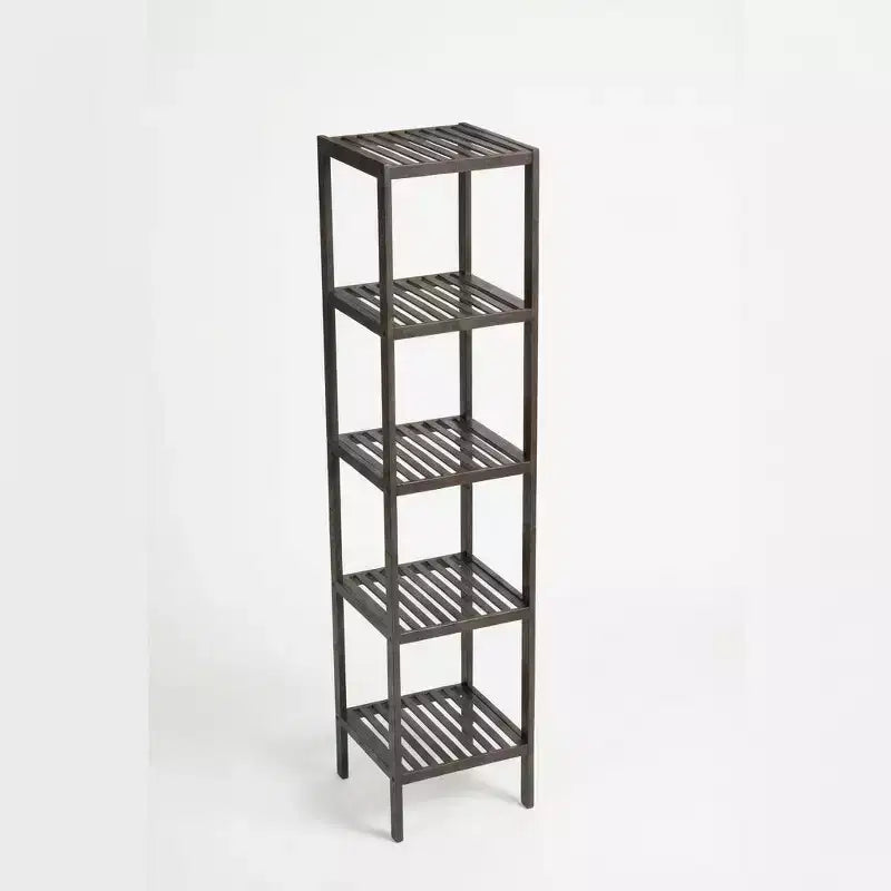 5-Tier Bamboo Shelf  Narrow Plant Stand with Slatted Shelves, Brown Wood Storage Rack for Bathroom, Living Room, Kitchen, Bedroom