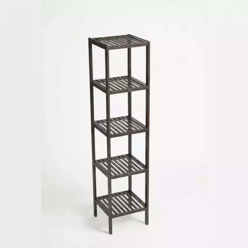 5-Tier Bamboo Shelf  Narrow Plant Stand with Slatted Shelves, Brown Wood Storage Rack for Bathroom, Living Room, Kitchen, Bedroom