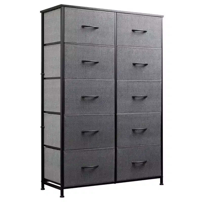 Metal Frame 10-Tier Fabric Drawer Cabinet, Gray Tall Vanity Storage Tower, Bedroom Living Room Closet Multifunctional Organizer