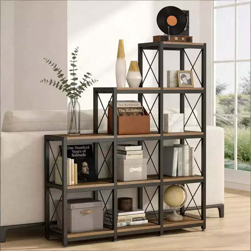 NAYSAYE Corner Ladder Bookshelf 9 Cube L Shaped Etagere Metal Wood Display Shelf for Living Room Office, Black, 45.31*11.82*52.01