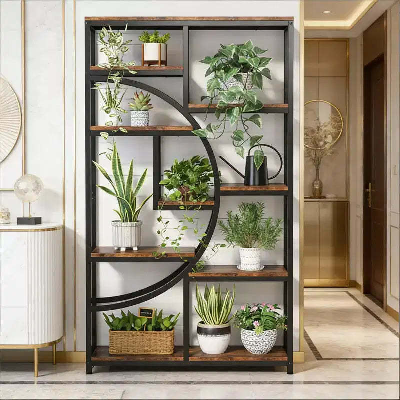 NAYSAYE Geometric Bookshelf Freestanding Metal Wood Display Shelf 9 Tier Industrial Storage Rack for Living Room Office, Black, 37.43*11.82*68.56