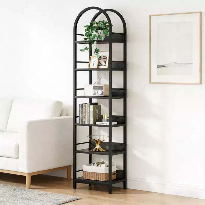 NAYSAYE Arched Corner Bookshelf 6 Tier Metal Wood Display Shelf Compact Storage Rack for Living Room Office, Black, 17.34*11.82*78.8