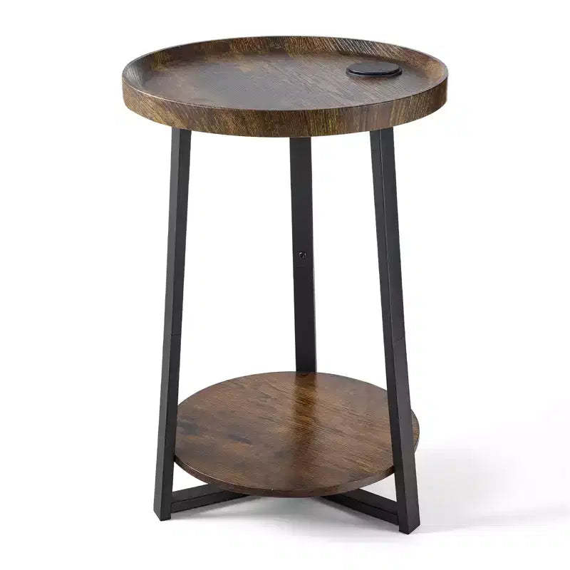 VEVOR End Table, 2-Tier Round Side Table with Open Storage Shelves, Modern Nightstand Bedside Desk with USB & AC Charging Port, Wood, Brown & Black