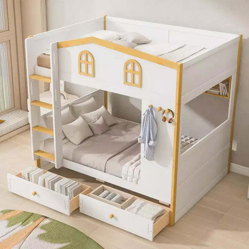 Whisen Bunk Bed with House-shaped Guardrails and Storage Shelves and Drawers or Trundle