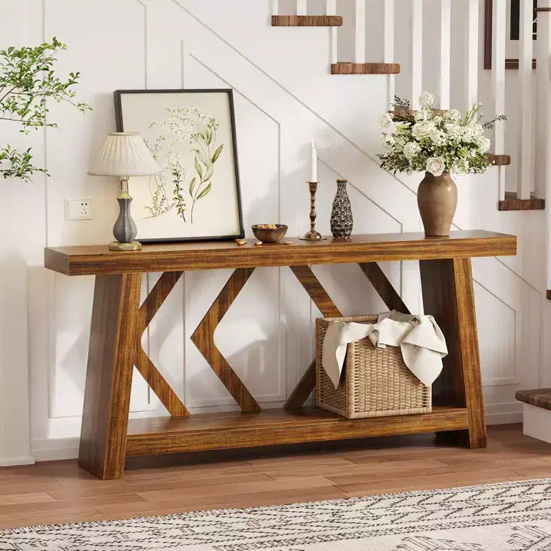 70.9 All-Wood Console Table - 2-Tier Narrow Entryway & Hallway Table - Rustic Brown Farmhouse Sofa Table with Trapezoid Legs