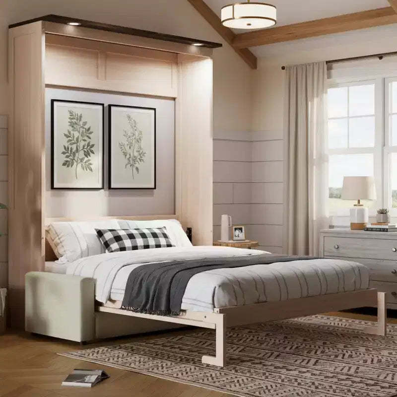 Polibi Queen Murphy Bed Cabinet with Linen Sofa & LED Lights