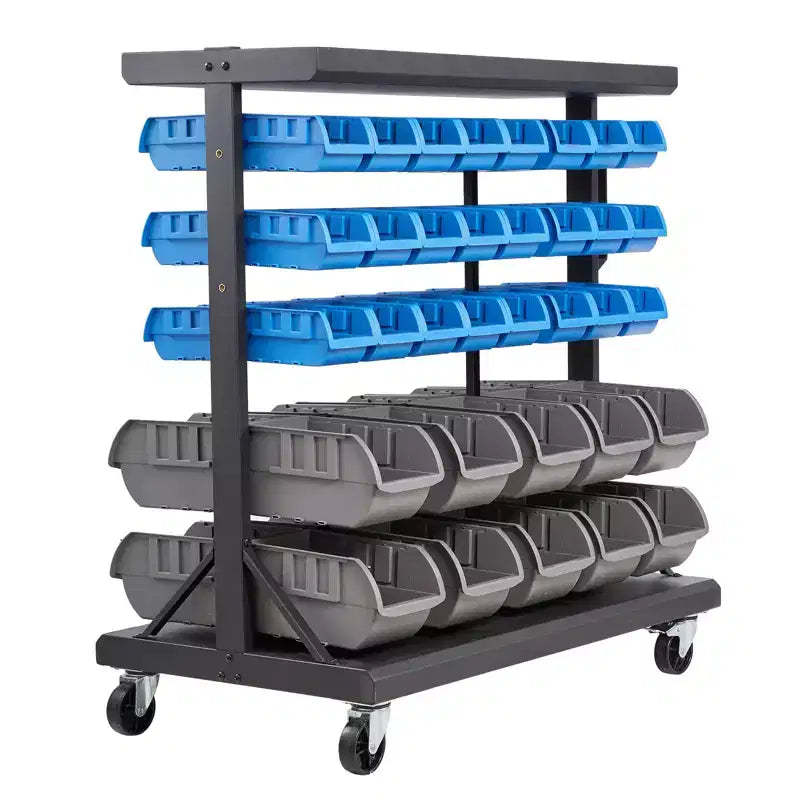 VEVOR 5-Tier Double-Sided Rolling Bin Storage Rack, 68 Plastic Bins, Dual-Sided Parts Organizer with Wheels, Mobile Tool Organizer, Black