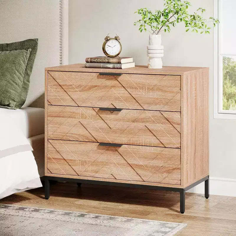 Lantine Wooden Nightstand with 3 Drawers, 31 Wide Night Stand with Metal Legs, Modern Large Bedside End Table for Bedroom, Living Room