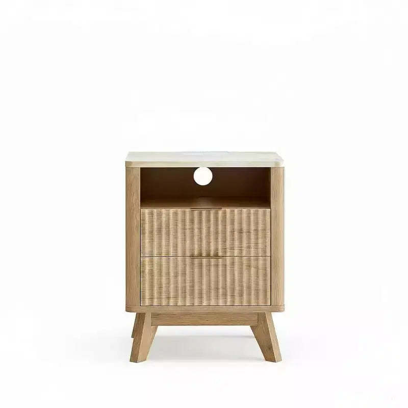 Compact 18 Modern Nightstand with Faux Marble Top, Curved Edge Side Table with 2 Drawers and Open Storage for Bedroom or Living Room