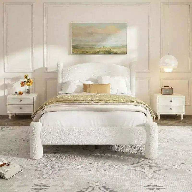 Upholstered Boucle Bed Frame Cloud Platform Bed with Soft Round Headboard Heavy Duty Noise-Free No Box Spring Needed Easy Assembly