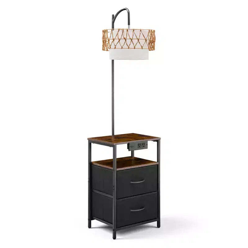 VEVOR Floor Lamp with Table, 2-Tier End Table with 2 Drawers and 3 Color Temperature LED Bulb,Modern Side Nightstand Bedside Desk with USB,Brown&Black