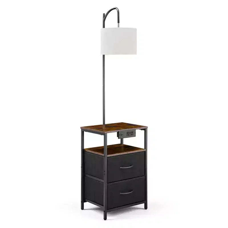 VEVOR Floor Lamp with Table, 2-Tier End Table with 2 Drawers and 3 Color Temperature Lighting,Modern Side Nightstand Bedside Desk with USB,Brown&Black