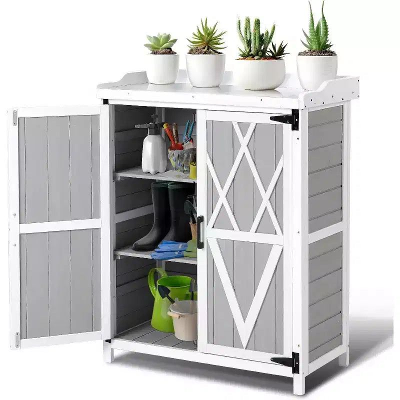 Waterproof Outdoor Potting Bench Table,with Galvanized Metal Top, Adjustable Shelves, Double Doors, Storage Cabinet,Versatile Garden Work Station