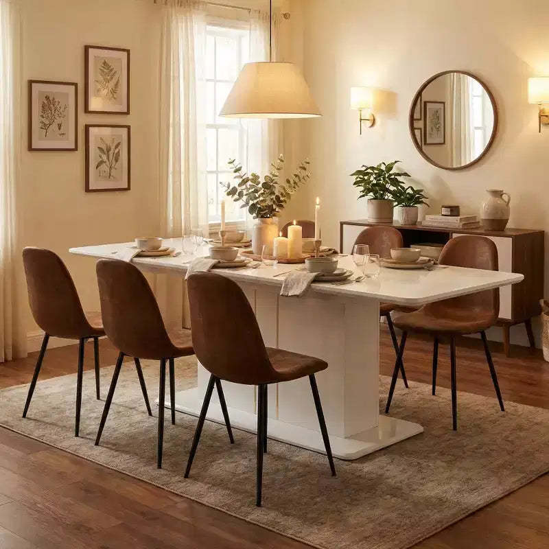 FurnitureR 7 Piece Dining Table Set for 6, Modern MDF Dining Table with 6 Suede Upholstered Chairs, Metal Legs Kitchen Dining Room Table Set for Home