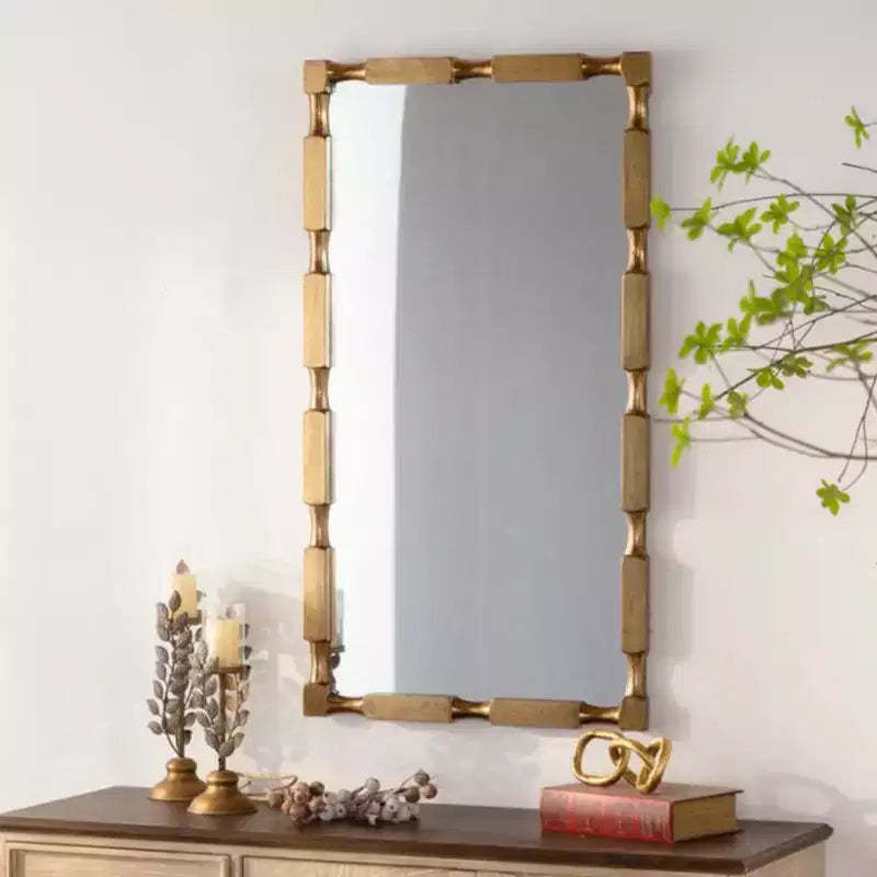 Gold Bamboo-Style Rectangular Wall Mirror with Textured Frame for Home Decor