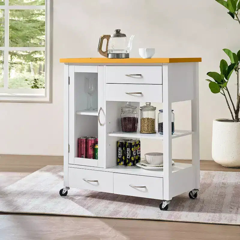 Kitchen Island Cart with Walnut Wood Top, Drawers, and Wheels for Flexible Storage
