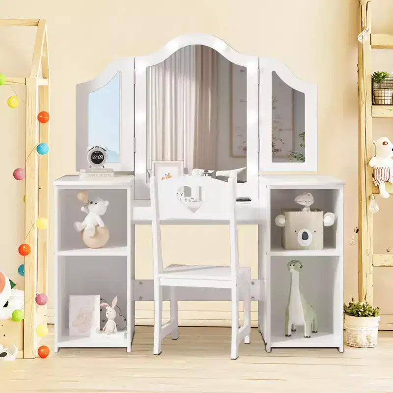 Kids Vanity Table Set, Touch Light Detachable Tri-Folding Mirror, Open Storage Shelves, Wooden Pretend Play Dressing Table for Toddlers, White