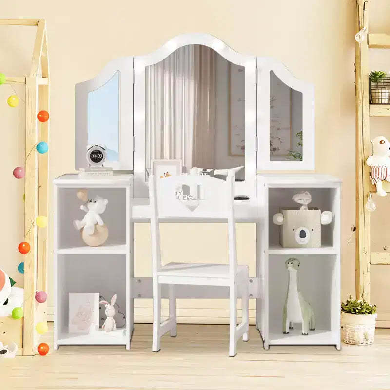 Kids Vanity Table Set, Touch Light Detachable Tri-Folding Mirror, Open Storage Shelves, Wooden Pretend Play Dressing Table for Toddlers, White