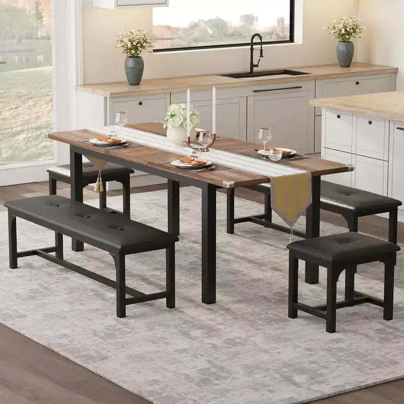 Space-Saving Extendable Dining Set For 4-8, 63 Multi-Functional Table with Benches & Stools, Waterproof, Mark-Resistant, Modern Mid-Century Style