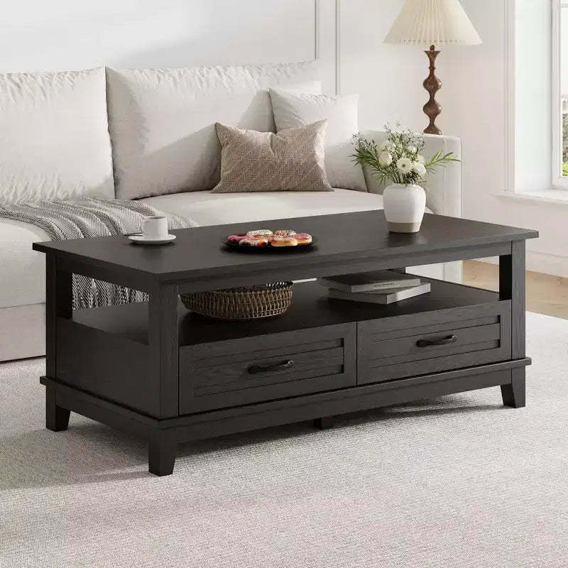 COZONY 47 Farmhouse Coffee Table with 2 Drawers & Open Shelf, Rustic Wood Rectangle Center Table for Living Room
