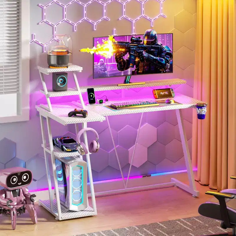 39 inch White Gaming Desk Small L Shaped Computer Table with Monitor Stand Storage Shelves Modern Gamer Corner Desk Office Carbon Fiber Sturdy Study