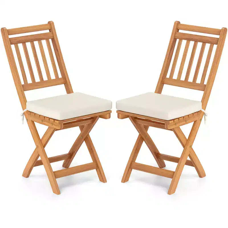 Costway Folding Patio Chairs Set of 2 w/ Slatted Backrests & Soft Seat Cushions