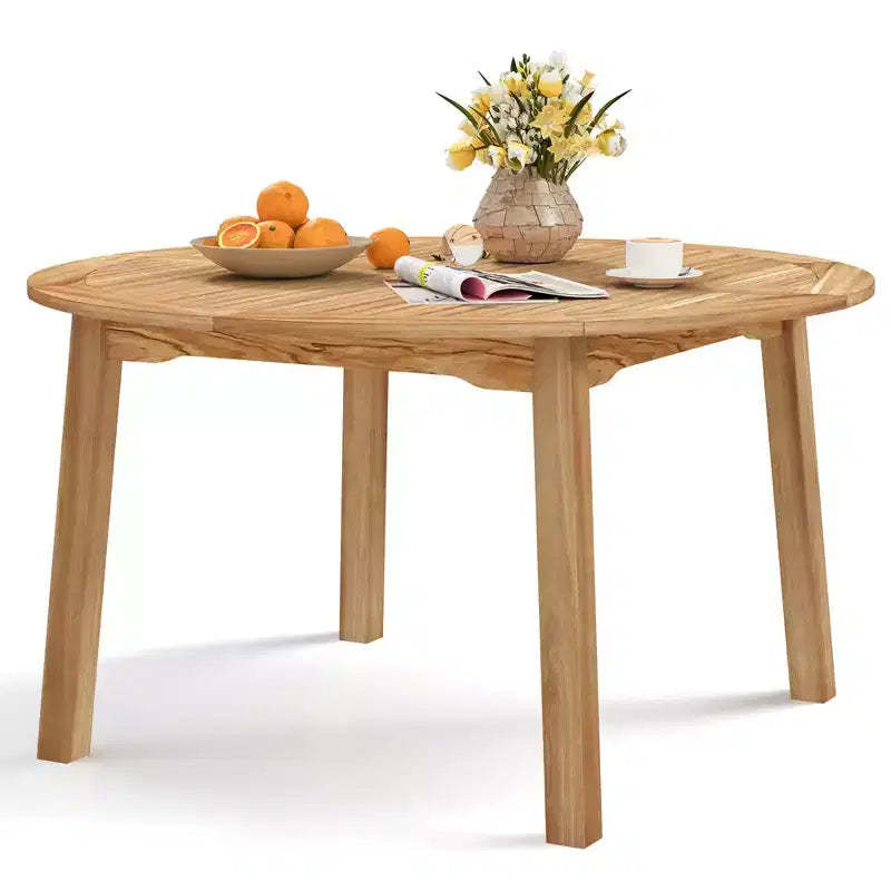Costway Round Patio Dining Table Acacia Wood Outdoor Dining Table w/ 2 Umbrella Hole