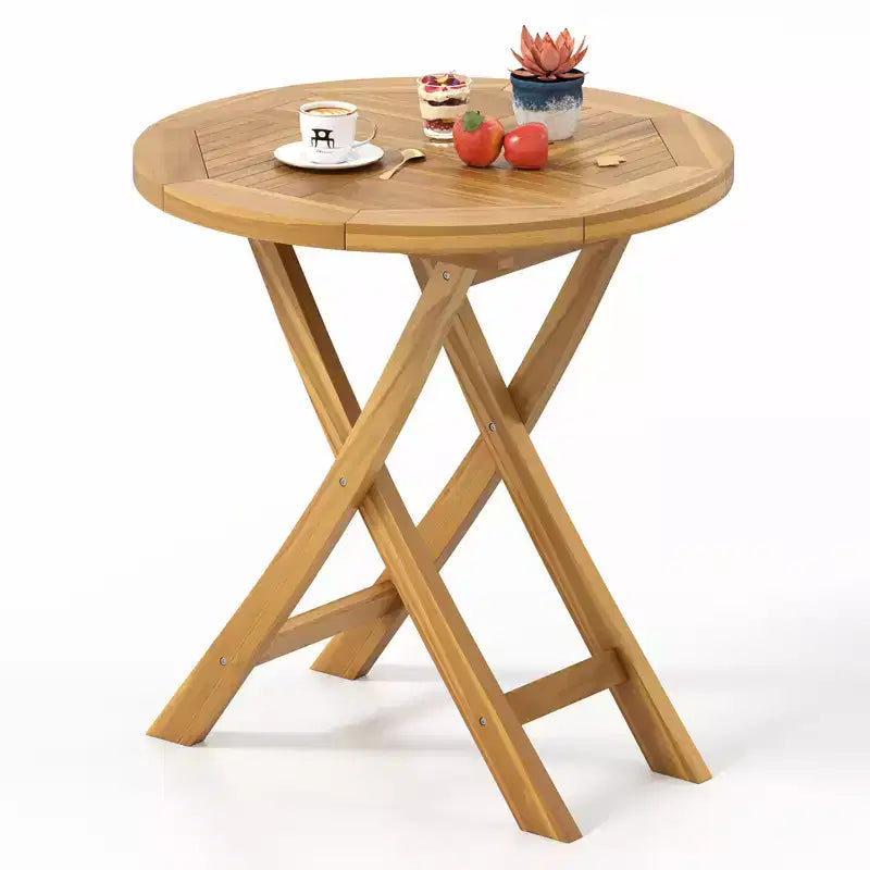 Costway Patio Teak Wood Dining Table 27.5 Round Side Table w/ Slatted Tabletop