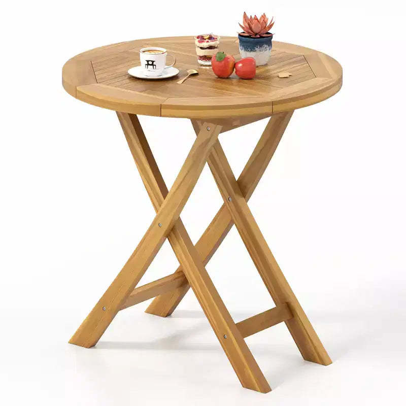 Costway Patio Teak Wood Dining Table 27.5 Round Side Table w/ Slatted Tabletop