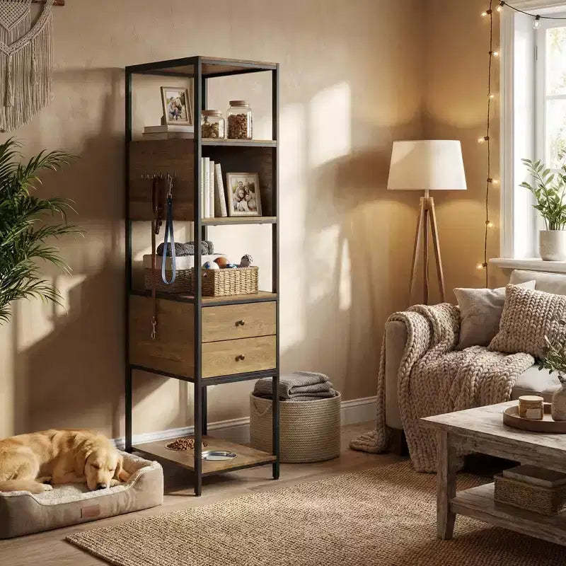 FurnitureR Storage Shelf with Drawers, Multi-Tier Bookshelf Organizer with Hooks & Pet Feeding Station,Storage Cabinet for Living Room,Closet,Entryway